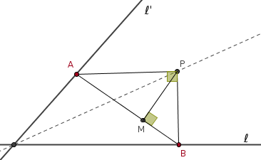 Dos rectas, un punto P equidistánte y un punto M en la proyecció.